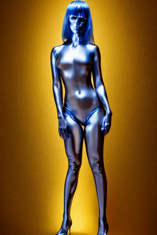 Image similar to realistic photo portrait of a metal woman in the style of hajime sorayama, studio lighting, 1 5 0 mm