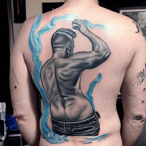 Prompt: a picture of my new back tattoo of chris evans'face by tom of finland