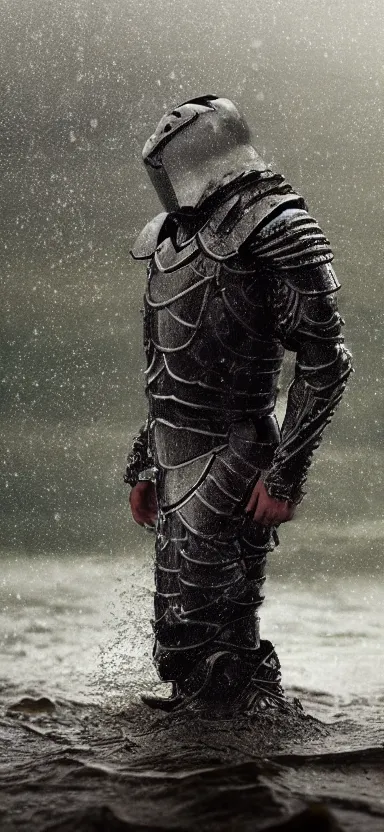 Image similar to suit of armor made of liquid, rising up from lake, water armor, norway fjord, medium close up portrait, water armor, studio lighting, stormy seas, beautiful, bokeh, snowy, storm clouds, god rays, d & d, fantasy, elegant, low key color palette, concept art, roger deakins and greg rutkowski and alphonse mucha