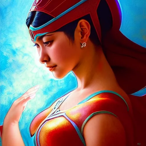 Image similar to liza soberano as darna, volumetric lights, red and cyan theme, art nouveau botanicals, intricate, highly detailed, digital painting, artstation, concept art, smooth, sharp focus, cinematic, illustration, beautiful face, art by artgerm and greg rutkowski and alphonse mucha