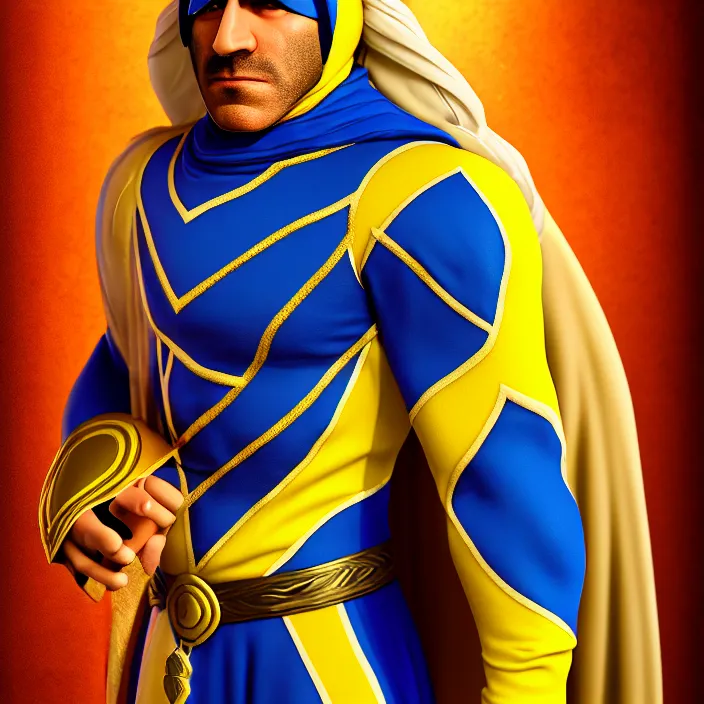 Prompt: cinematic portrait, captain falcon as sheik mohammad ruler of dubai, head and torso only, masterpiece, medieval arabia, sharp details,, hd, 4 k