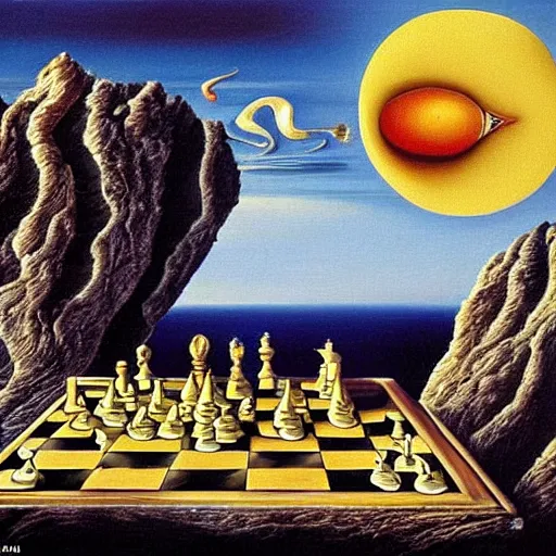 Image similar to a melting fried egg on a chessboard in a surreal landscape, surrealism, by Salvador Dali, intricate, complex, highly detailed, masterpiece