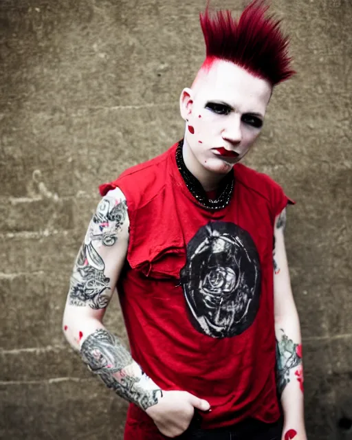 Prompt: young man with a red dyed mohawk, dressed in punk clothing, punk style, crustpunk, portrait photo