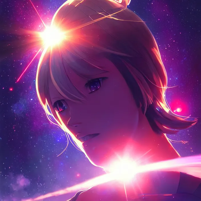 Prompt: thundering across the stars, planets, nebulae, cosmic, lens flare, anime style. realistic shaded lighting poster by ilya kuvshinov katsuhiro, magali villeneuve, artgerm, jeremy lipkin and michael garmash, rob rey and kentaro miura style, trending on art station, unreal engine, highly detailed, pixiv