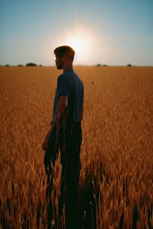 Image similar to agfa vista 4 0 0 photograph of a guy with intricate back tattoos standing in a wheat field, back view, lens flare, moody lighting, moody vibe, telephoto, 9 0 s vibe, blurry background, grain, tranquil, calm, faded!,