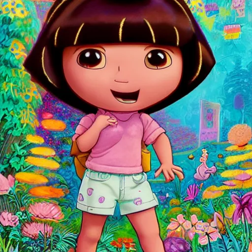 Prompt: dora the explorer as real girl in happy pose, detailed, intricate complex background, Pop Surrealism lowbrow art style, muted pastel colors, soft lighting, 50's looks by Yosuke Ueno,Contemporary Art Blog Magazine Gallery Alt Pop Surrealism Lowbrow Photography Sculpture Illustration Painting Surreal Graffiti Fashion Film Dark, artstation cgsociety