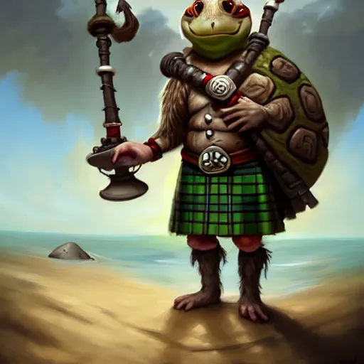 Prompt: an anthropomorphic turtle, wearing a kilt, holding a billowy magic scottish bagpipe, walking up the sandy beach, DnD character art portrait, matte fantasy painting, DeviantArt Artstation, by Jason Felix by Steve Argyle by Tyler Jacobson by Peter Mohrbacher, cinematic lighting