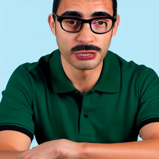 Prompt: a funko pop of a 30 year old skinny caramel skinned Peruvian programmer guy, clean shaven face, thick bushy straight eyebrows, wearing round gold rimmed glasses, with thick straight brush up black hair on top, short on sides, in a very dark green polo shirt, blue jeans and grey sneakers, close up, highly detailed photo
