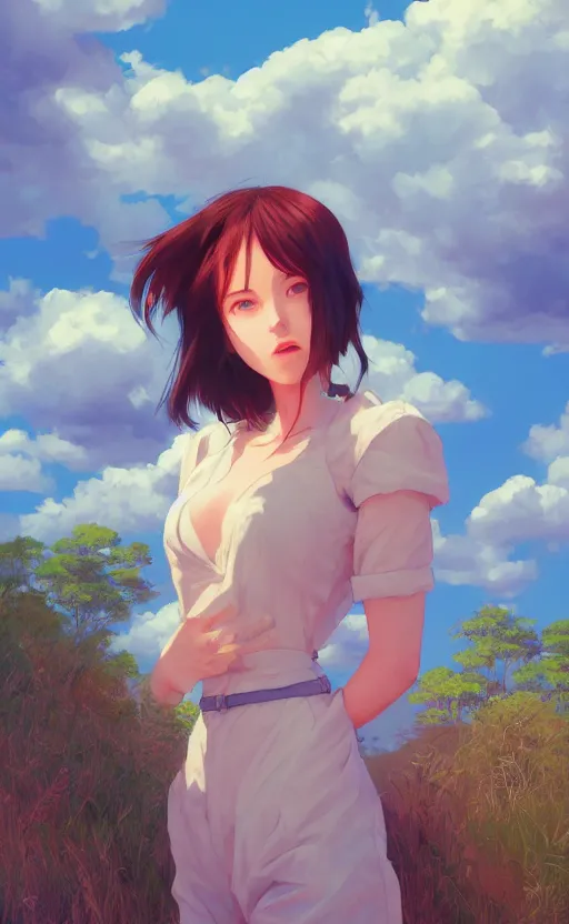Prompt: a portrait of a female character on an arid forest, blue sky, clouds, vivid colors, soft lighting, atmospheric, cinematic, moody, in the style of ilya kuvshinov and range murata, krenz cushart, rule of thirds, oil on canvas, 8 k