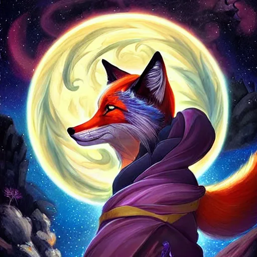 Image similar to a painted avatar portrait of an awesome cosmic powerful humanoid kitsune fox mage themed around life and death and the stars and the cosmos, in the style of dnd beyond avatar portraits, beautiful, artistic, elegant, lens flare, magical, lens flare, nature, realism, stylized, art by jeff easley