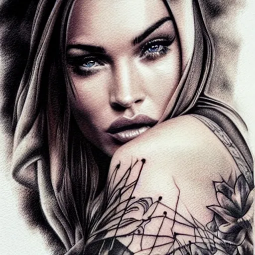 Prompt: realism tattoo sketch of double exposure megan fox against a background of beautiful mountain scenery, in the style of andrey lukovnikov