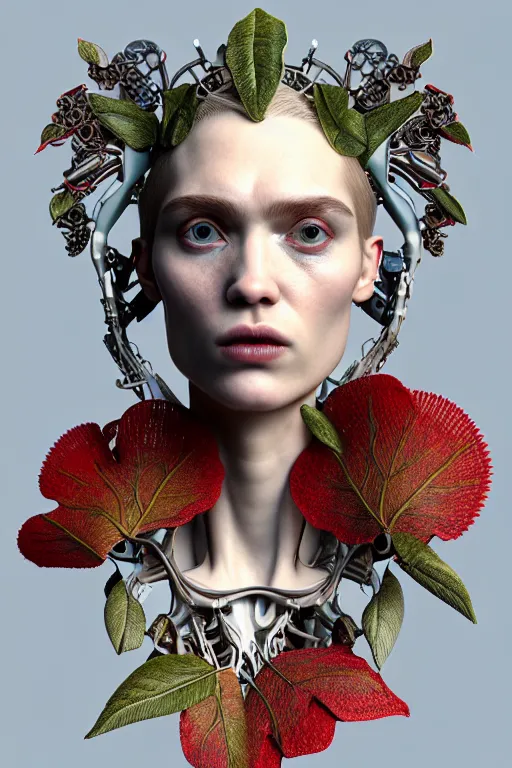 Prompt: complex 3d render ultra detailed of a beautiful porcelain profile Grimes face, biomechanical cyborg, analog, 150 mm lens, beautiful natural soft rim light, big leaves and stems, roots, fine foliage lace, Dichroistic blue red details, massai warrior, Alexander Mcqueen high fashion haute couture, pearl earring, art nouveau fashion embroidered, steampunk, intricate details, mesh wire, mandelbrot fractal, anatomical, facial muscles, cable wires, microchip, elegant, hyper realistic, ultra detailed, octane render, H.R. Giger style, volumetric lighting, 8k post-production