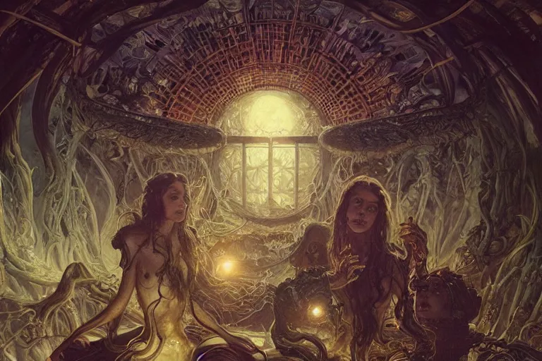 Prompt: a lovecraftian painting of the study of the unknowable, cosmic horror elements, ultra realistic, concept art, intricate details, eerie, highly detailed, photorealistic, octane render, 8 k, unreal engine. art by artgerm and greg rutkowski and alphonse mucha