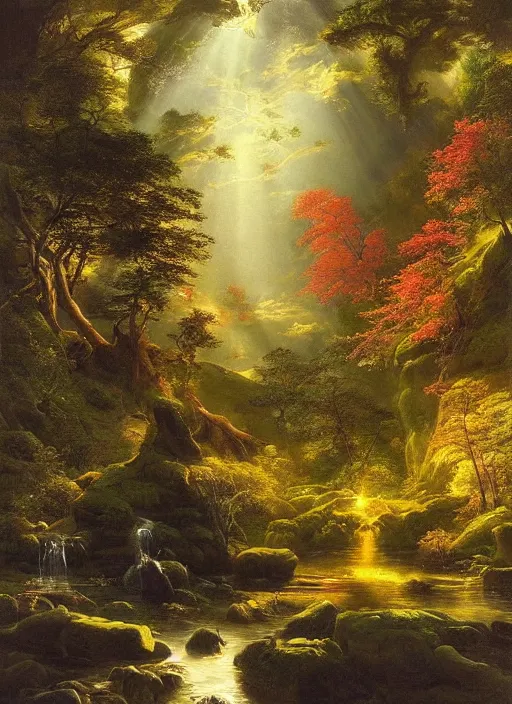 Image similar to a forest oasis, rock pools, harmony of nature, infinite dawn, angelic light, sparkling dew, epic atmosphere, by asher brown durand, by iyoshitaka amano