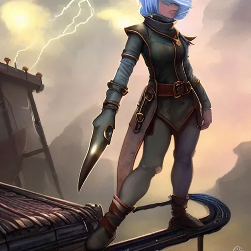Image similar to female gnome engineer with pixie undercut hair, blasting lightning from metal gauntlet covering her arm, standing on a ship deck, full body portrait, lightning fantasy magic, naval background, D&D, piercing stare, highly detailed, digital painting, HD, ArtStation, great composition, concept art, matte, sharp focus, illustration, art by artgerm and Greg Rutkowski