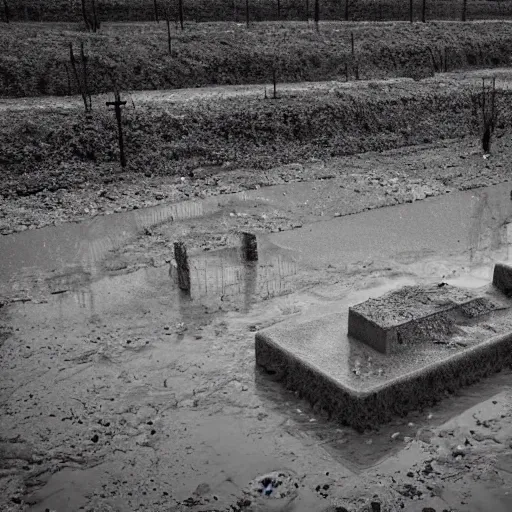 Image similar to The land art shows a grave that has been flooded with water. The grave is located in a cemetery in Italy. The water in the grave is dirty and there is trash floating in it. The grave is surrounded by a fence. by Johannes Voss desaturated