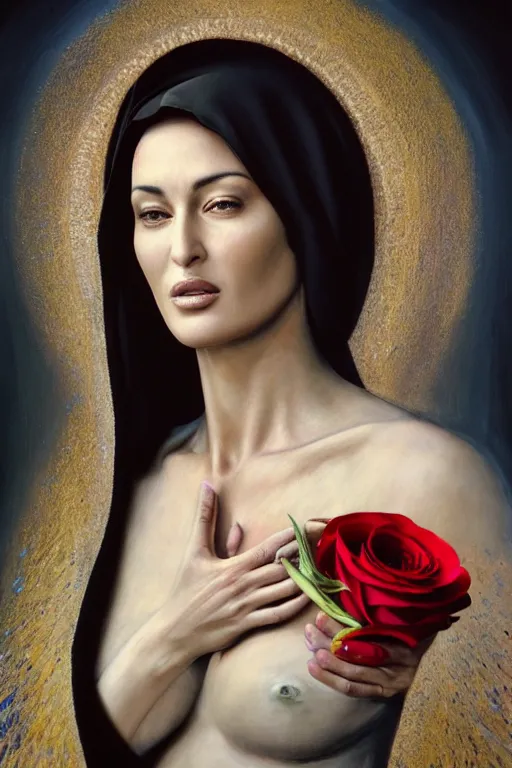 Prompt: hyperrealistic mixed media painting of Mother Mary, resembles Monica Bellucci, a halo about her head, holding a red rose, traditional beauty, stunning 3d render inspired art by P. Craig Russell and Barry Windsor-Smith + perfect facial symmetry + dim volumetric lighting, 8k octane beautifully detailed render, post-processing, extremely hyperdetailed, intricate, epic composition, grim yet sparkling atmosphere, cinematic lighting + masterpiece, trending on artstation, very very detailed, masterpiece, stunning