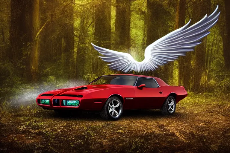 Image similar to pontiac firebird with angelic wings attached to sides of the roof, dramatic, cinematic, forest, volumetric lighting