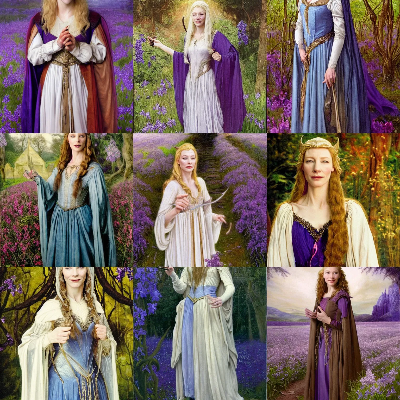 Prompt: a full length portrait of mischievous, dangerous young, smiling Galadriel! (young Cate Blanchett) as a queen of elves, dressed in a medieval lacy, white dress. The background is a dark, creepy eastern europen forrest with a field of violets. paster colours, dominant wihte and blue colours, magical, Pre-Raphaelite oil painting, inspired by Henry Meynell Rheam: The Fairy Wood and Cesare Saccaggi - Incipit Vita Nova