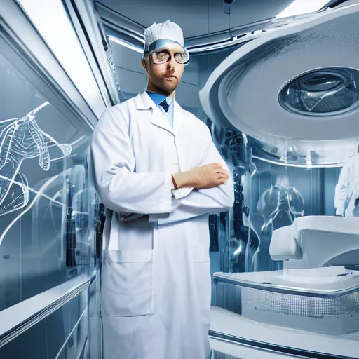 Prompt: ultra realistic and intricate detailed portrait photograph of a futuristic surgeon, standing inside futuristic operating room, full length, doctor, medicine, healthcare, technology, innovation, bright modern style, depth of field, ambient lighting, award winning, magazine cover,