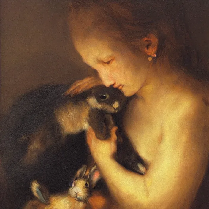 Prompt: a woman hugs rabbit a in a dark landscape full of human heads, golden light in center, hyper realistic, oil painting, highly detailed, by rembrandt