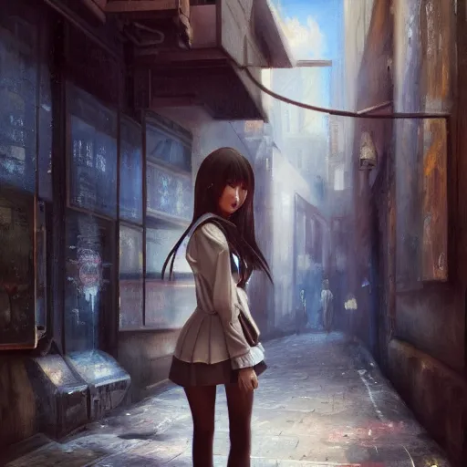 Image similar to a perfect, realistic professional oil painting in romanticism style, of a Japanese schoolgirl posing in a dystopian alleyway, close-up, by a professional American senior artist on ArtStation, a high-quality hollywood-style concept