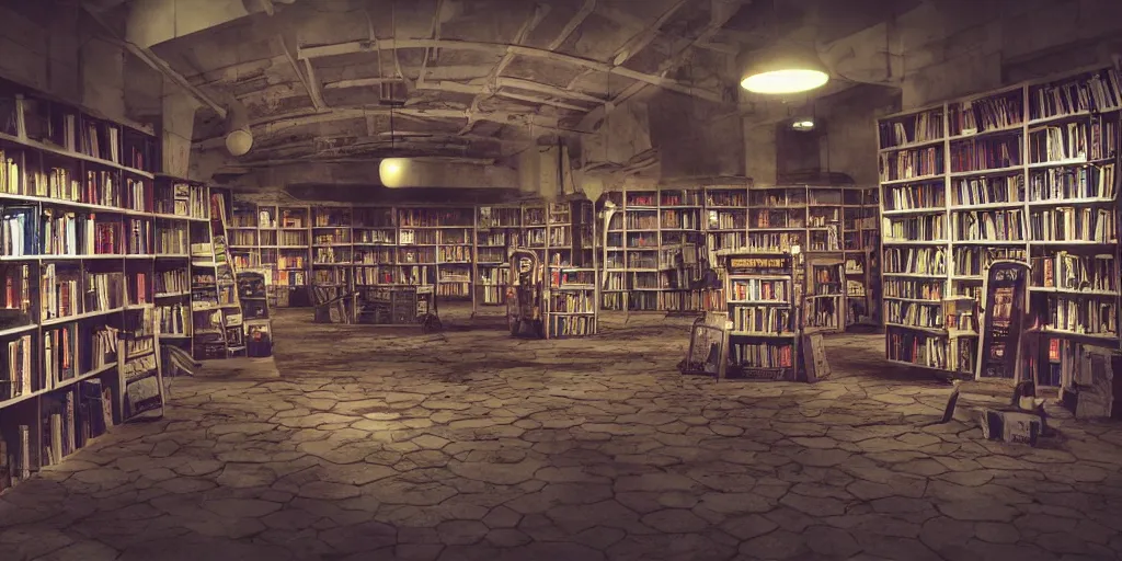 Image similar to eerie abandoned bookstore in the mall at night, scattered books, dramatic lighting, award - winning anime digital art