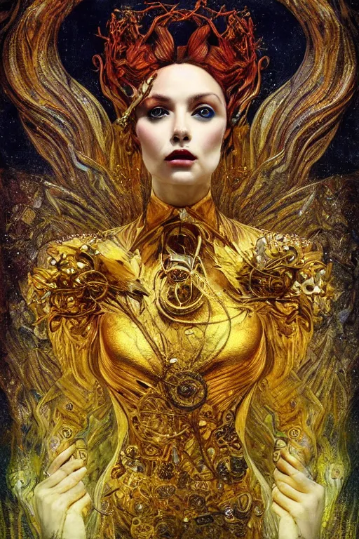 Image similar to Intermittent Chance of Chaos Muse by Karol Bak, Jean Deville, Gustav Klimt, and Vincent Van Gogh, beautiful Surreality portrait, enigma, Loki's Pet Project, destiny, Poe's Angel, fate, inspiration, muse, otherworldly, fractal structures, arcane, ornate gilded medieval icon, third eye, spirals