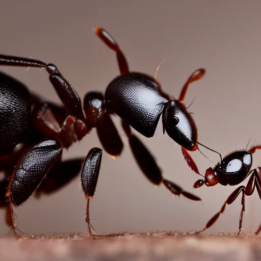 Prompt: “A realistic photo of a mother ant wearing glasses and feeding her baby”