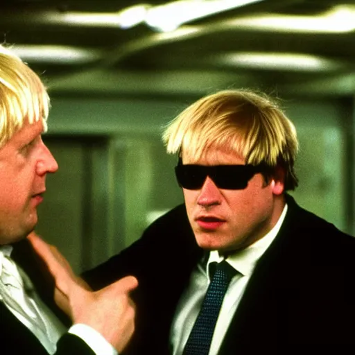 Prompt: Boris Johnson Wearing matrix sunglasses in the matrix movie , green ambience lighting