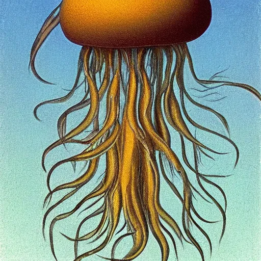Prompt: a stinging jellyfish, by grant wood