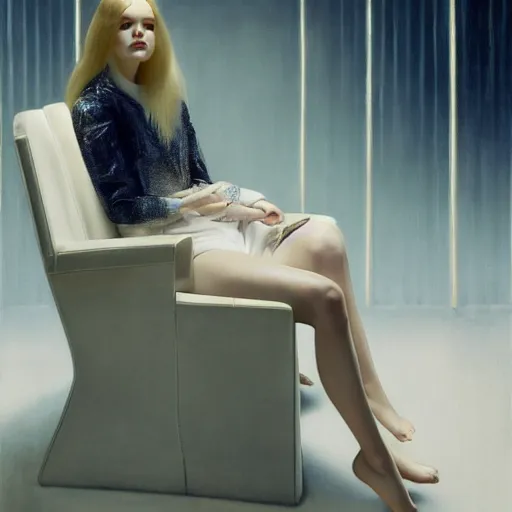 Prompt: Elle Fanning sitting on a white leather chair, head and shoulders portrait, stormy weather, extremely detailed masterpiece, oil on canvas, low-key neon lighting, artstation, Blade Runner 2049, Roger Deakin’s cinematography, by J. C. Leyendecker and Peter Paul Rubens and Edward Hopper and Michael Sowa,