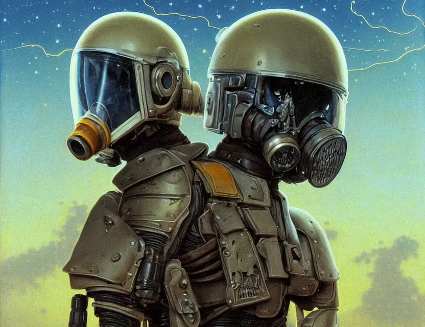 Image similar to a detailed portrait painting of a lone bounty hunter pilot wearing combat armour, gas mask and a reflective visor. Head and chest only. Movie scene, cinematic sci-fi scene. Flight suit, cloth and metal, accurate anatomy. portrait symmetrical and science fiction theme with lightning, aurora lighting. clouds and stars. Futurism by beksinski carl spitzweg moebius and tuomas korpi. baroque elements. baroque element. intricate artwork by caravaggio. Oil painting. Trending on artstation. 8k