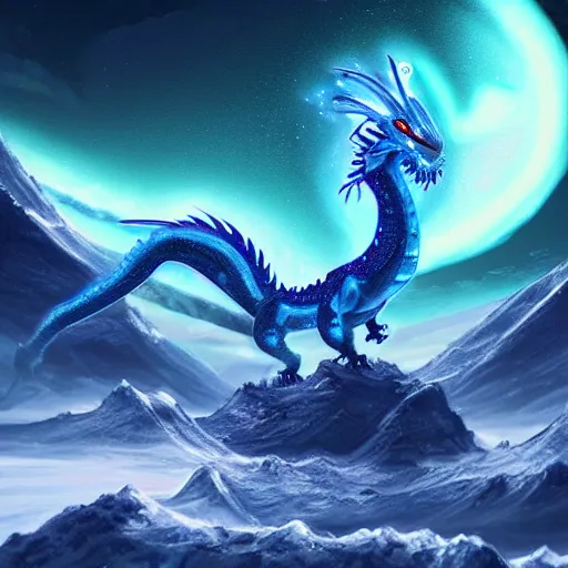 Image similar to a blue chinese dragon on an alien planet with auroras in the background, digital art, trending on artstation