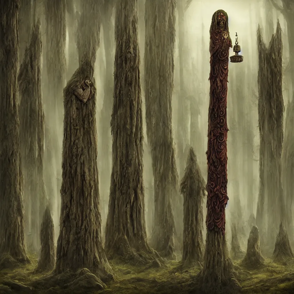 Prompt: evil druids having a ritual, single wooden totem of lord, a detailed matte painting, fantasy, foggy