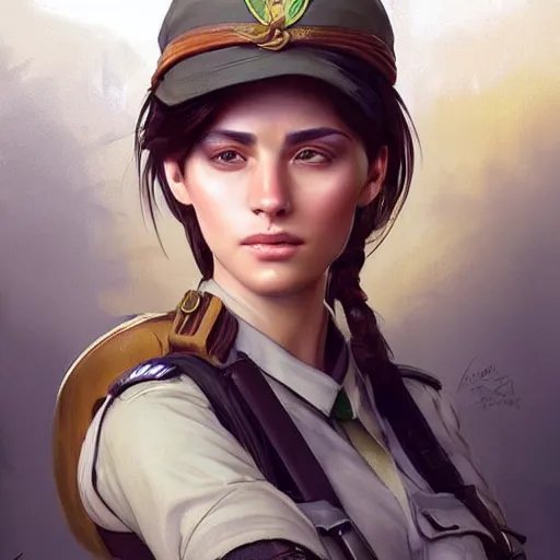 Image similar to beautiful! female jewish israeli soldier, highly detailed digital painting, artstation, concept art, smooth, sharp focus, illustration, art by artgerm and greg rutkowski and alphonse mucha