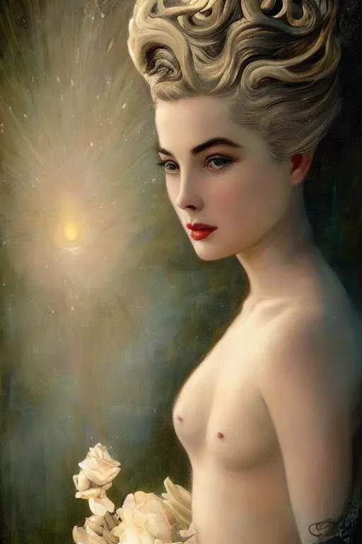 Prompt: a young and extremely beautiful grace kelly infected by night by tom bagshaw in the style of a modern gaston bussiere, art nouveau, art deco, surrealism. extremely lush detail. melancholic scene infected by night. perfect composition and lighting. sharp focus. profoundly surreal. high - contrast lush surrealistic photorealism. sultry and mischievous expression on her face.