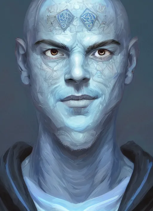 Prompt: head-on symmetrical centered painted portrait, a smiling bald beardless androgynous man with completely blue skin in his twenties as a D&D wizard, fantasy, intricate, elegant, highly detailed, digital painting, smooth, sharp focus, illustration, artstation, in the style of Artgerm and Anna Podedworna and Charlie Bowater and Michael Garmash