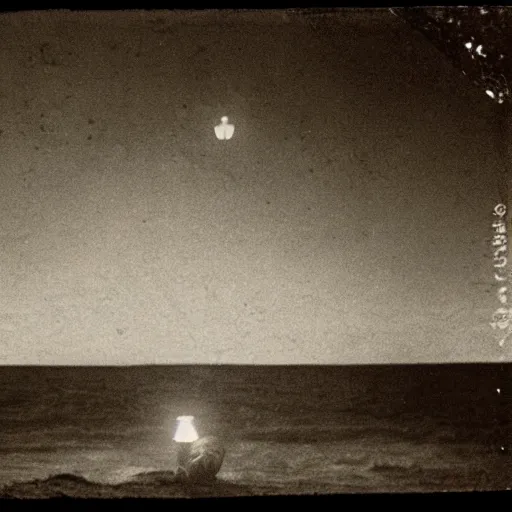 Prompt: an early 1 9 0 0 s photograph of a bioluminescent baby alien levitating above the beach, moonlight, nighttime