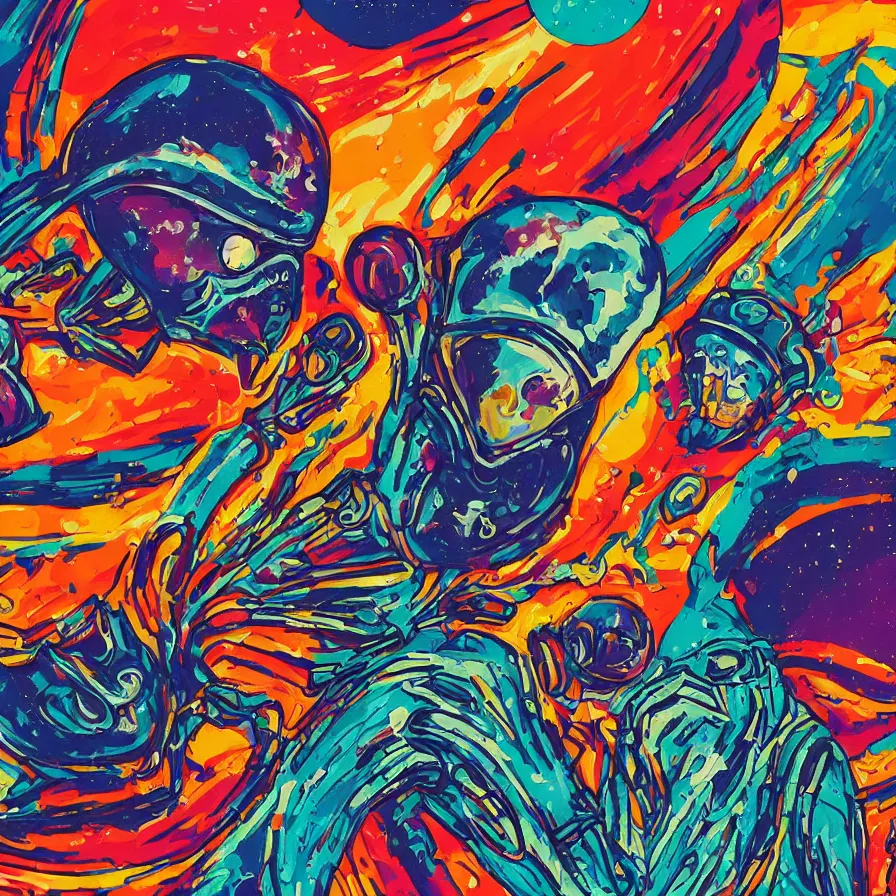 Image similar to an alien king and an astronaut talking face to face, overdetailed art, colorful, record jacket design