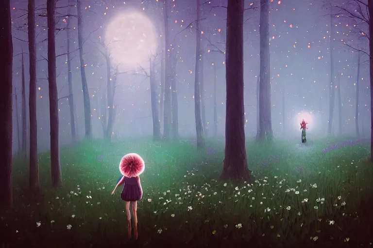 Image similar to giant daisy flower as face, girl walking in forest, surreal photography, dark night, stars, moon light, impressionist painting, clouds, digital painting, artstation, simon stalenhag