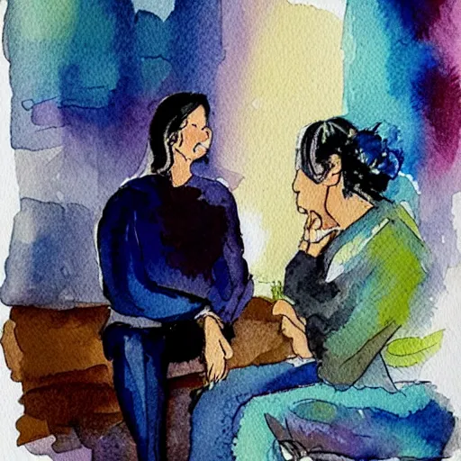 Image similar to a psychotherapist meets a client in his practice and helps her through a very difficult time for her, stylized watercolour