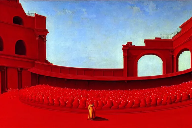 Image similar to only with red, a red great emperor, taormina amphitheatre, crowd with big smile, in the style of beksinski, parts by edward hopper, parts by rodcenko, parts by yue minjun, intricate and epic composition, red by caravaggio, insanely quality, highly detailed, masterpiece, red light, artstation, 4 k