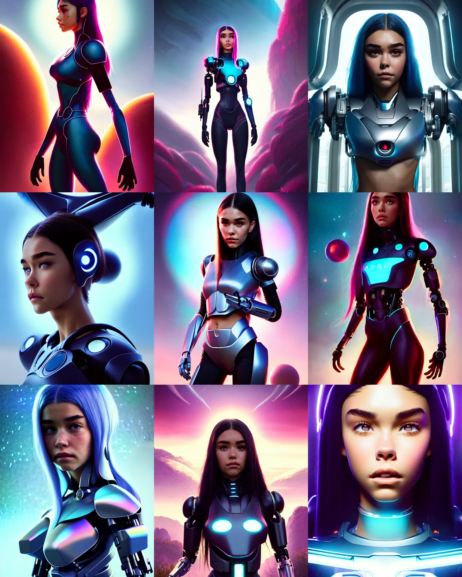 Prompt: movie poster portrait photo of madison beer : : college woman : : as future samsung cyborg woman on a lush alien world by weta : : by greg rutkowski, wlop, rossdraws, artgerm, pixar, disney, unreal engine, glossy skin, pearlescent, shiny, 4 k, hdr, bright morning, : :