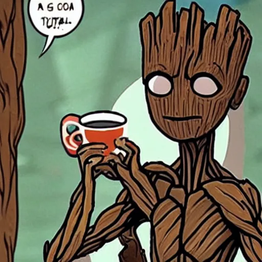 Prompt: groot drinking coffee