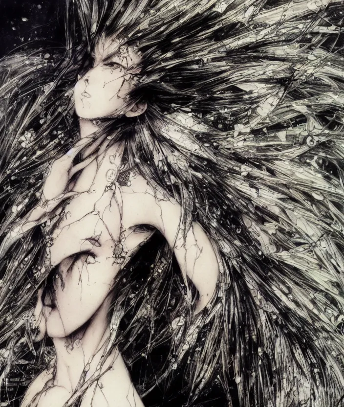 Image similar to Yoshitaka Amano realistic illustration of an anime girl with white hair and cracks on her face wearing dress suit with tie fluttering in the wind, abstract black and white patterns on the background, noisy film grain effect, highly detailed, Renaissance oil painting, weird portrait angle