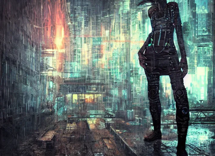 Image similar to rugged, beautiful female neuromancer by enki bilal,, punk outfit : : urban setting, nighttime, rain, close - up view : : cinematic headshot : : ultra - detailed technical precision : : high definition 3 d render, unreal engine, hires textures 4 k