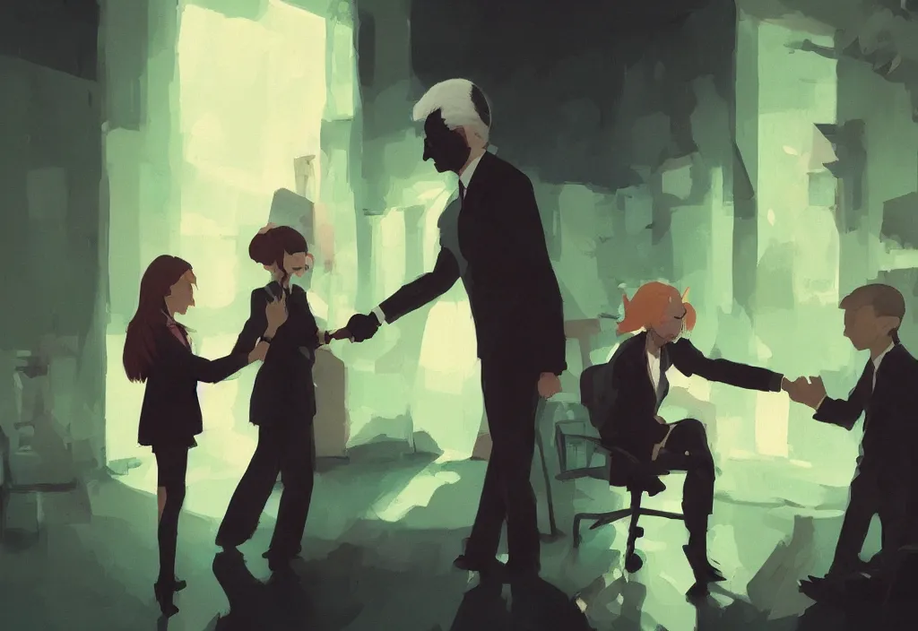 Image similar to joe biden shakes hands with catgirl, epic debates, presidental elections candidates, cnn, fox news, fantasy, by atey ghailan, by greg rutkowski, by greg tocchini, by james gilleard, by joe gb fenton, dynamic lighting, gradient light green, brown, blonde cream, salad and white colors in scheme, grunge aesthetic