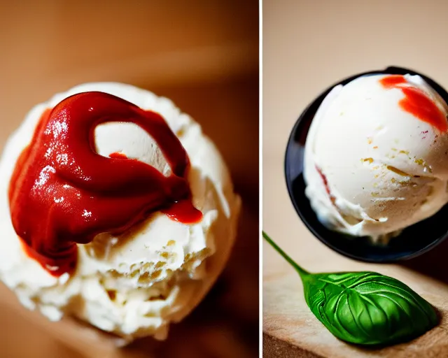 Image similar to dslr food photograph of vanilla ice cream with ketchup on, a leaf of basil on the ice cream, 8 5 mm f 1. 4