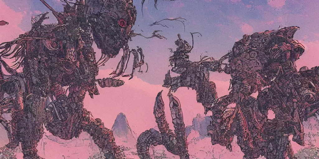 Prompt: a close - up grainy risograph, pastel colors painting of a scene from the horizon zero dawn, machine monsters by moebius and kim jung gi